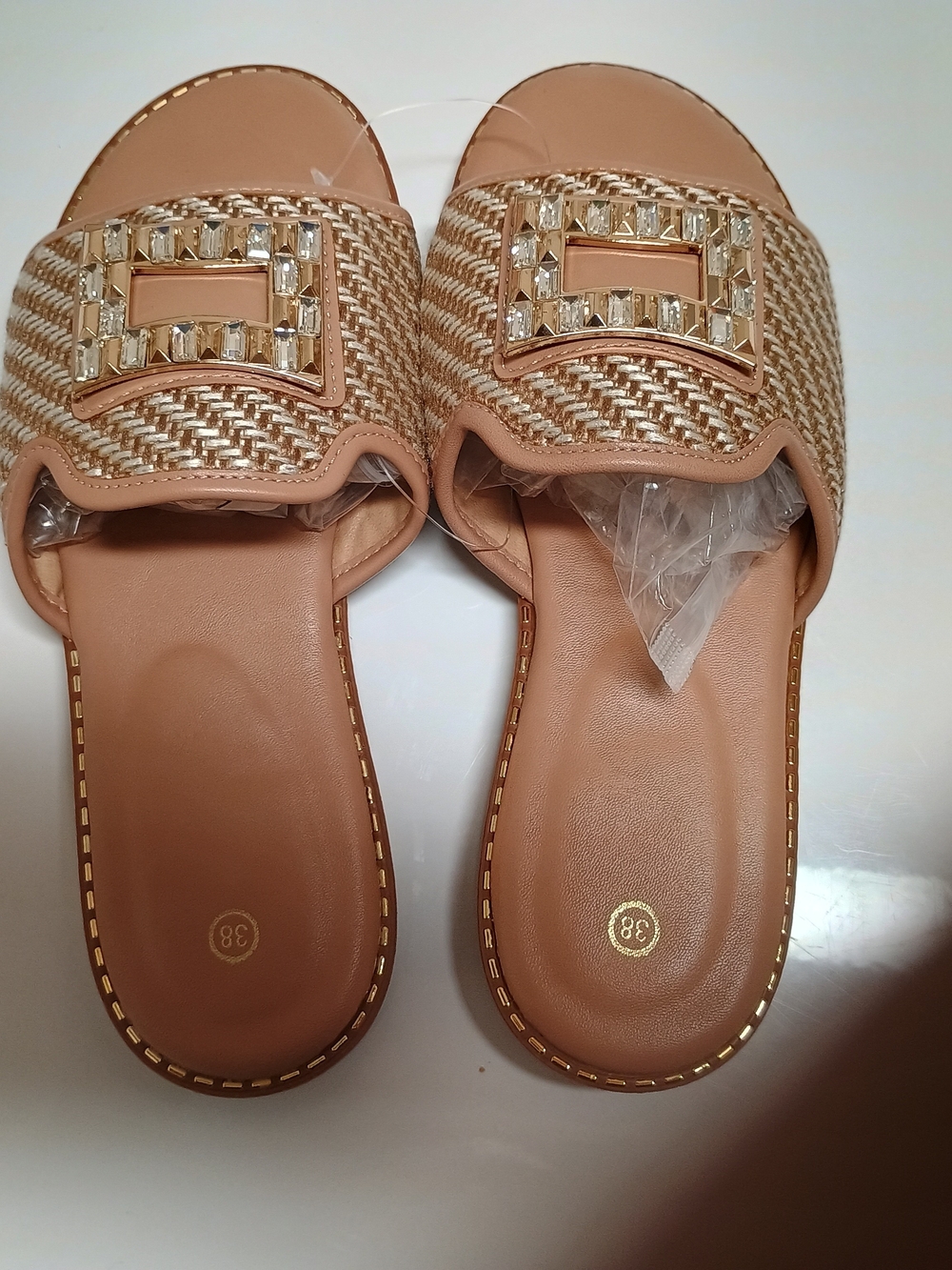 Beige Woven Slide Mules with Jewel Buckle